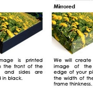 May include: Four different canvas wrap options for printing images. The first option shows a white border around the image, the second option shows a black border, the third option shows a mirrored image, and the fourth option shows a pixel stretch effect.
