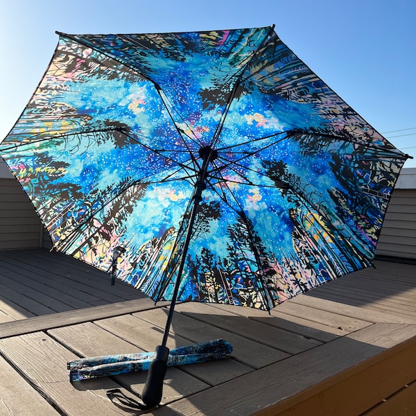 Starry Forest Umbrella - automatic push button open - art umbrella by Taralee Guild