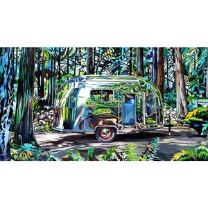 May include: A vintage silver Airstream trailer parked in a lush green forest setting. The trailer is surrounded by tall trees and ferns, creating a serene and peaceful atmosphere.