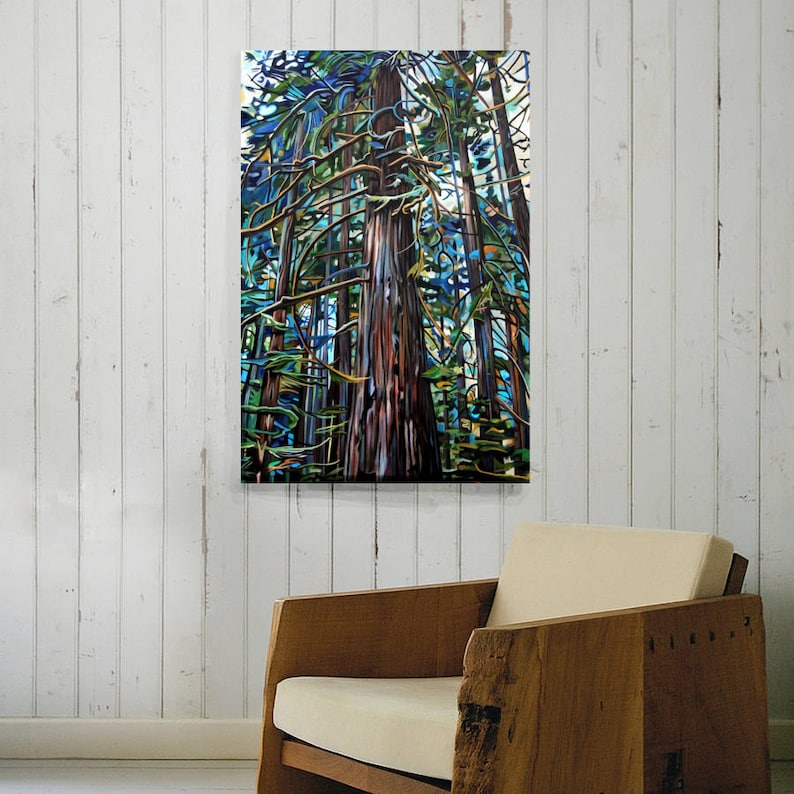 May include: A painting of a forest with tall trees, the trunks are a mix of brown, grey, and blue. The trees are reaching up towards the sky, which is a light blue color. The leaves of the trees are a mix of green and blue.