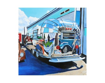 Avion Trailer Painting: Original Acrylic Artwork, Blue Sky Reflection