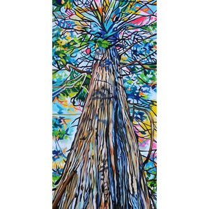 May include: A colourful abstract painting of a tall tree with a blue trunk and branches reaching up towards the sky. The painting is done in a style that resembles stained glass.