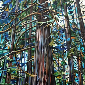 May include: A painting of a forest with tall trees, the trunks are a mix of brown, blue, and green. The branches are a mix of green and yellow. The background is a mix of blue and green.