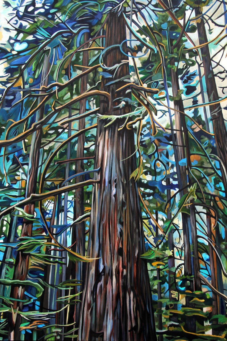 May include: A painting of a forest with tall trees, the trunks are a mix of brown, blue, and green. The branches are a mix of green and yellow. The background is a mix of blue and green.