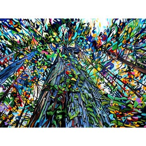Puede incluir: Una pintura abstracta colorida que representa una escena de bosque con un gran tronco de árbol en el centro. El árbol está rodeado de otros árboles y follaje, todos pintados en colores vibrantes. El cielo es azul brillante con nubes blancas.