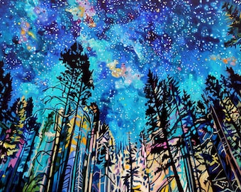 SIGNED PAPER PRINT - Starry Forest & Sky -  13x19 inch printed in studio by Taralee Guild