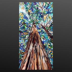 May include: A vibrant painting of a tall tree trunk with a colorful, abstract background. The tree trunk is brown with hints of orange and yellow, while the background is a mix of blue, green, and yellow.