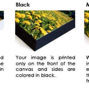May include: Three examples of canvas print framing options: white, black, and mirrored. The white option shows the image printed on the front of the canvas with white sides. The black option shows the image printed on the front of the canvas with black sides. The mirrored option shows the image printed on the front of the canvas with the edges mirrored to create a frame effect.
