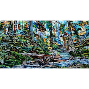 May include: A painting depicting a forest scene with a stream flowing through it. The trees are tall and slender, with vibrant green foliage. The stream is clear and blue, with sunlight reflecting on the water. The painting is executed in a lively, colourful style.