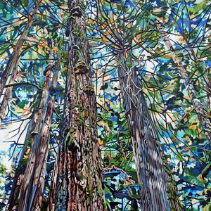 May include: A painting depicting a forest scene with tall trees reaching up towards a blue sky. The trees are painted in a stylised manner, with their trunks and branches appearing as if they are made of wood. The leaves are a mix of green, blue, and yellow.