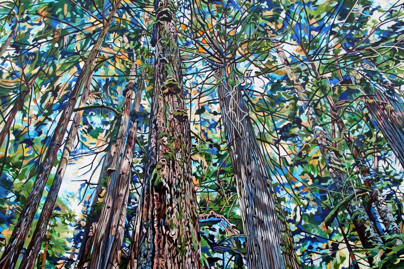 May include: A painting depicting a forest scene with tall trees reaching up towards a blue sky. The trees are painted in a stylised manner, with their trunks and branches appearing as if they are made of wood. The leaves are a mix of green, blue, and yellow.