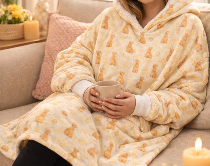 Oversized Bunny Sherpa Hoodie Blanket, Cozy Wearable Loungewear
