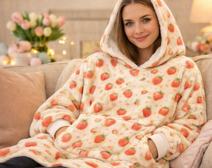 Strawberry Daisy Sherpa Blanket Hoodie, Cottagecore Watercolor Fleece Wearable Comfort