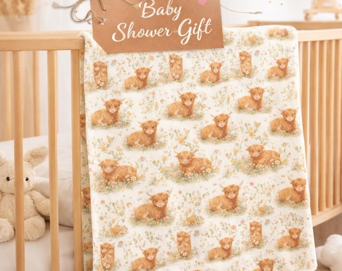 Sweet Highland Cow Swaddle Blanket, Baby Shower Gift, Farmyard Floral Print