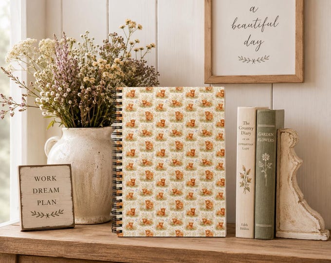 Highland Cow Spiral Notebook | Cottagecore Journal, Floral Farmhouse Diary (A5)