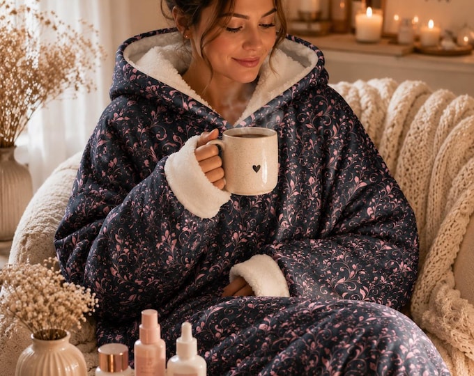 Dark Floral Sherpa Lined Wearable Blanket, Oversized Cozy Hoodie, Cottagecore Lounge Robe
