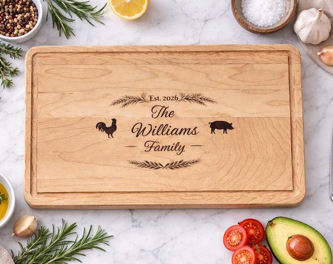 Personalized Family Name Engraved Wood Cutting Board, Rustic Farmhouse Kitchen Decor