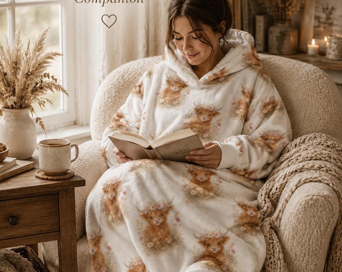Boho Floral Highland Cow Hooded Blanket, Cottagecore Sherpa Lined Cozy Companion