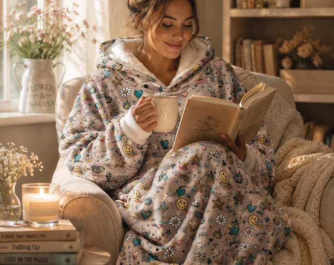 Retro Smiley Hearts Hooded Blanket | Cozy Sherpa Wearable Blanket Hoodie
