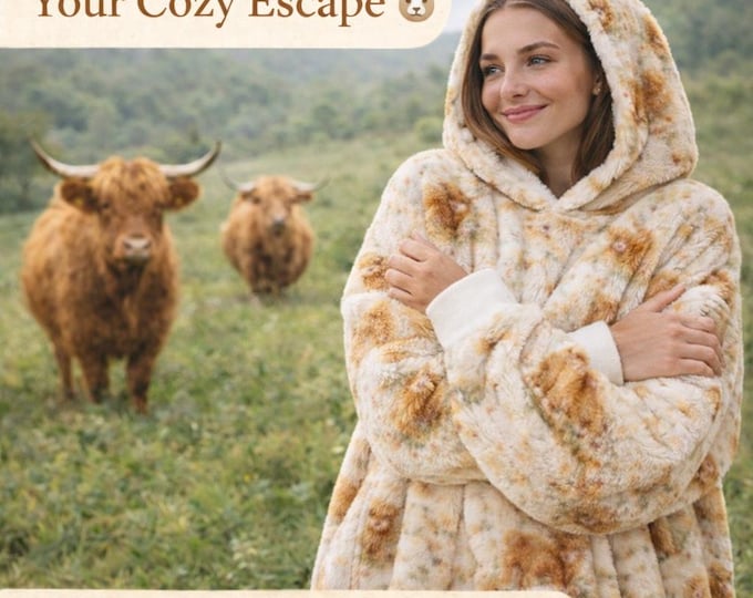 Highland Cow Hooded Blanket, Cozy Cottagecore Sherpa Hoodie, Oversized Farm Animal Comfort