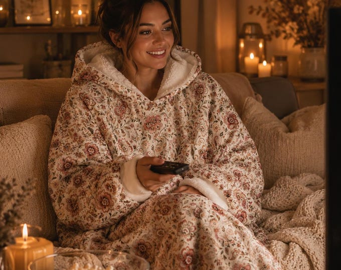Floral Fleece Hooded Blanket, Cottagecore Sherpa Loungewear, Oversized Cozy Wear