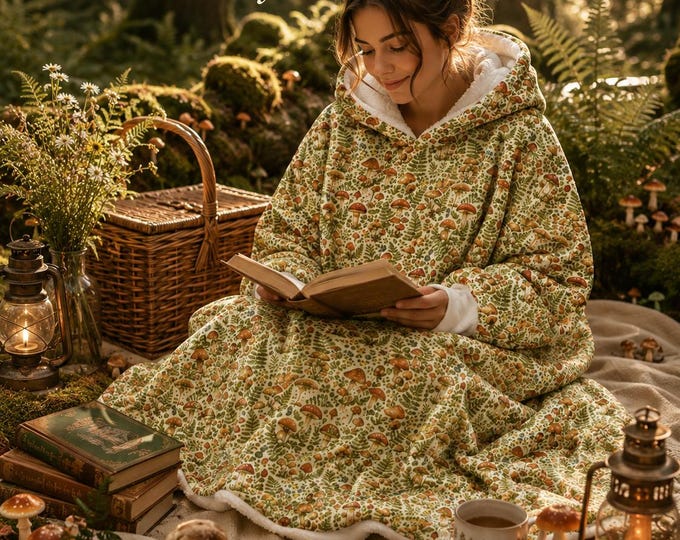 Psychedelic Mushroom Hooded Blanket | Whimsical Forest Fleece Wearable Quilt