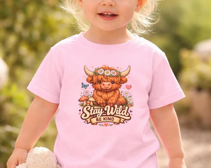 Highland Cow Toddler Shirt, Floral Boho Farm Animal Tee, Stay Wild Be Kind
