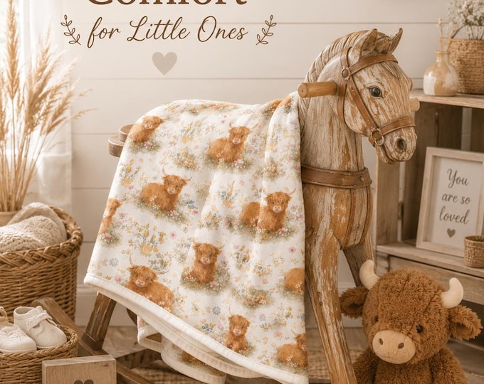 Highland Cow Swaddle Blanket, Watercolor Farm Animal Baby Gift