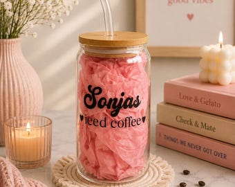 Personalized Iced Coffee Glass with Name | Custom Drinking Glass with Bamboo Lid & Straw | Custom Coffee Cup Gift for Women