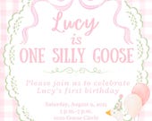 One Silly Goose Birthday Invitation Package, 1st Birthday Pink Invite Printable, Goose 1st Birthday, Goose Invitation Template Daisy Gingham