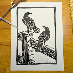 Crows Linocut Print: Handmade Black & White Bird Art, 5x7 Block Print