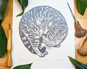 Sleeping Cat Linocut Print: Handmade Black & White Pet Portrait, 8x10