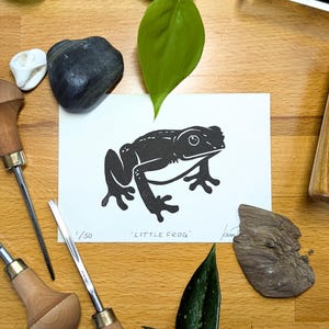 Frog Linocut Print | Small Handmade Amphibian Art | Mini Nature Print