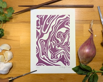 May include: A purple and white abstract print with a swirling pattern. The print is on a white background and is signed by the artist. The print is numbered 14/56.