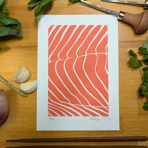 Salmon Linocut Print | 5x7 Handmade Kitchen Art | Asian Food Series | Pink Art