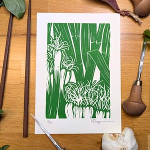 Scallion Linocut Print | Handmade Green Onion Kitchen Art | 5x7 Hand-carved Block Print