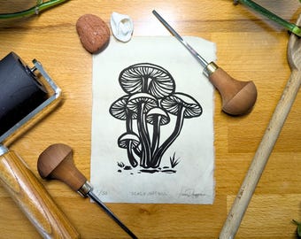 Mushroom Linocut Print | Small Handmade Fungi Art | Black & White Forest Print
