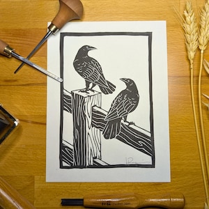 Crows Linocut Print | Ravens Handmade Block Print | Small 5x7 Black & White Bird Art | Japanese Woodcut Inspired Printmaking