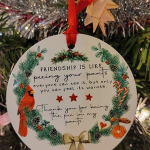 Friendship is like peeing your pants, every one can see it but only you can feel its warmth, thank you holiday tree ornament