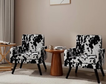 Moderne zwart-witte stoelen met koeienprint en accenten, set van 2