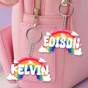 Etiqueta de nombre para mochila arcoíris, etiqueta personalizada para mochila arcoíris, etiqueta de nombre arcoíris para mochila, llavero de acrílico con nombre, regalo de cumpleaños