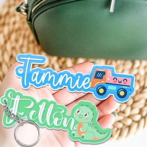 Custom Backpack Keychain with Dinosaur Icon,Dinosaur Keychain for Kids,Custom Backpack Kid Name,Cute Dino Bag Charm,Gift for Boys Girls