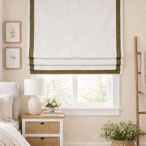 White Linen Cotton Roman Shades with Green Ribbons, Custom Size Roman Shades, Drawstring System