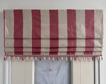 Red striped roman shades, roman shades with red tassels, custom size roman shades, handmade.