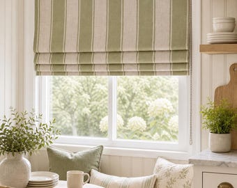 Green Stripe Roman Shade, Farmhouse Style, Custom Size, Handmade
