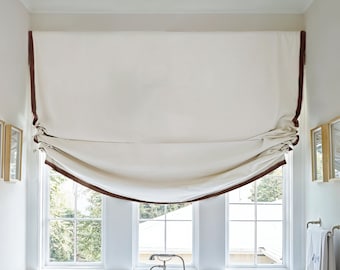 White Linen Relaxed Roman Shades with Brown Trim, Drawstring System,Custom Size Roman Shades, Handmade, Home Decor.