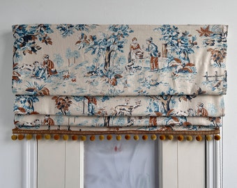 Blue Manor Pattern Roman Shades, Yellow Tassel Roman Shades, Farmhouse Style, Custom Size Roman Shades, Handmade.