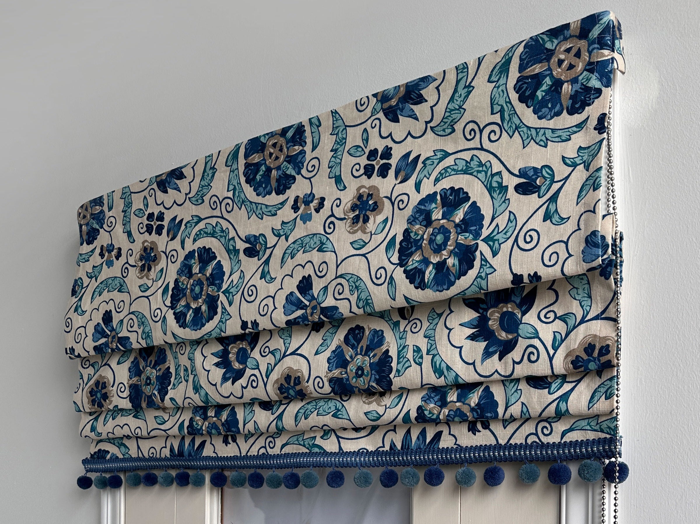 Floral Pattern Roman Shade With Pom Pom Trim,chain Mechanism,custom ...