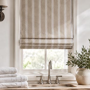 Brown Striped Pattern Roman Shades, Striped Linen Roman Shades, Farmhouse Style, Custom Size Roman Shades, Handmade.