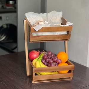Houten mand, 2 niveaus, keukenopberger, fruitopslagmand, houten standaard voor groenten, fruitcontainers, kom voor aanrecht